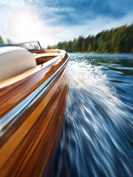 Wooden speedboat gliding on lake, forest background, summer leisure photo