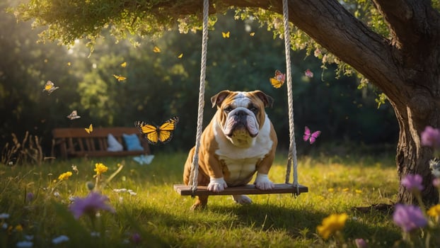 Bulldog sitting on a swing under a tree, surrounded by butterflies and flowers in a sunny garden photo