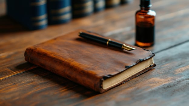 Leather journal, fountain pen, ink, books, wood desk, writing photo