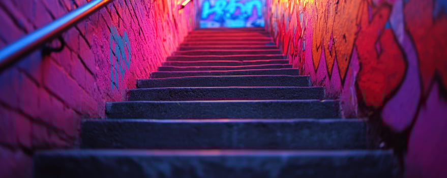 Neonlit stairway, graffiti backdrop, urban setting, ascent photo