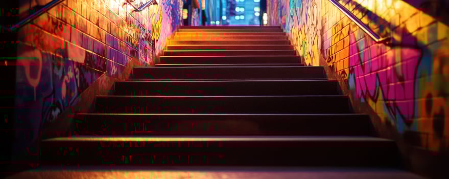 Urban stairway, graffiti walls, city lights, upward path, design photo