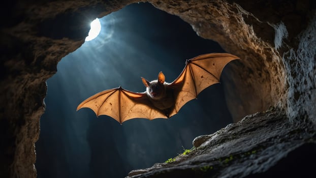 A bat soaring through a dark cave illuminated by a bright overhead light, showcasing its wings photo