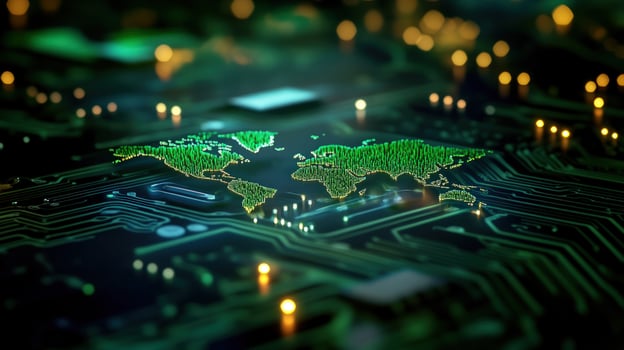 Green world map on circuit board, glowing, tech background, global network photo