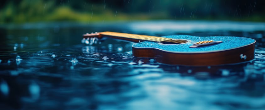 Rainy lake, blue guitar floats, nature backdrop, album art photo