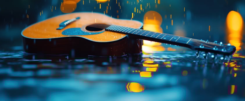 Rainy night acoustic guitar on wet ground, blurred lights photo