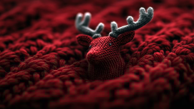 Knit reindeer hiding in red yarn, festive background, winter holiday card photo