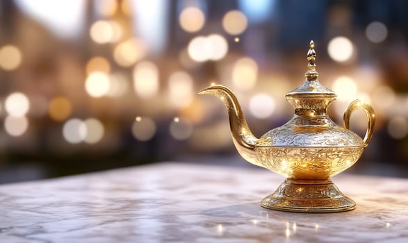 Golden ornamental lamp on table with bokeh background photo