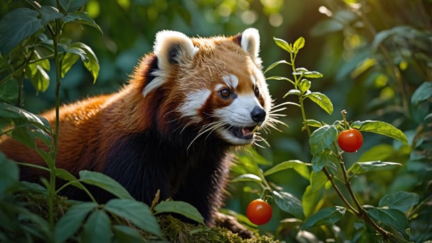 Red panda in a lush green forest, curiously interacting with bright orange fruits amidst vibrant foliage photo
