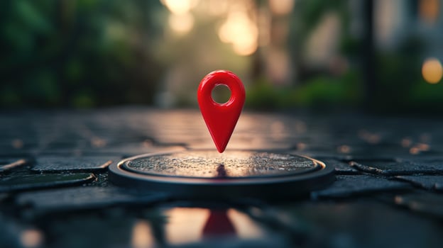 Red map pin location city street dawn navigation app photo
