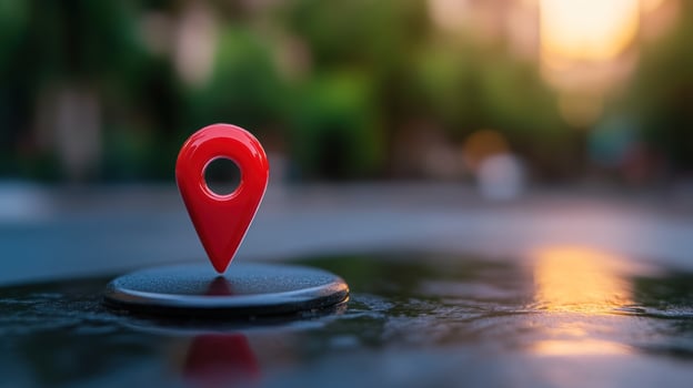 Red location pin on car, sunset city background, navigation app photo