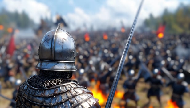 Medieval battle scene view from armored soldier perspective photo