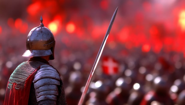 Medieval soldier in armor ready for battle holding spear photo