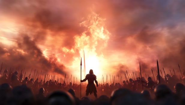 Epic battle scene silhouette army under fiery sky warriors ready for combat photo