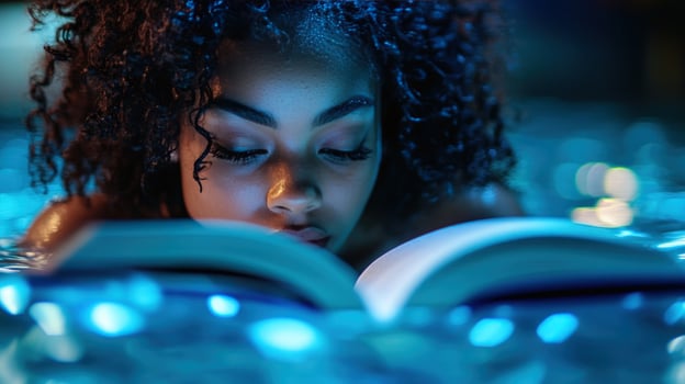 Woman reading book in illuminated pool at night photo
