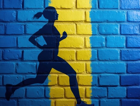 Silhouette woman running, blue brick wall, urban backdrop, fitness photo