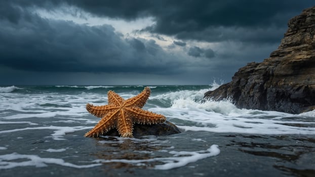 Starfish resting on a rock by the ocean shore under a dramatic cloudy sky with waves crashing photo