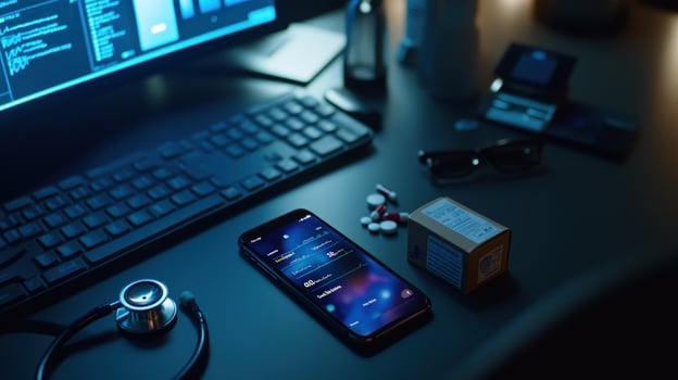 Nighttime telehealth consultation doctor's desk, phone app, data photo
