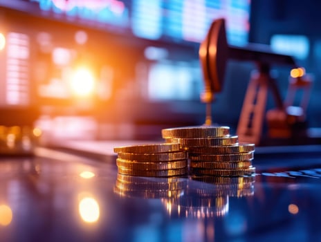 Oil profits coins, pump, stock market background photo