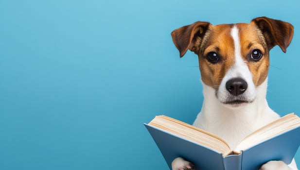 Dog reading book isolated against blue background photo