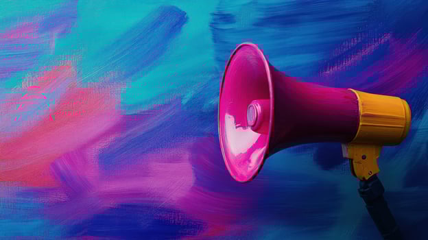 Pink megaphone against vibrant painted wall photo
