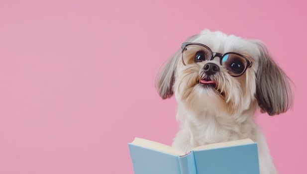 Dog wearing eyeglasses reading book against pink background photo