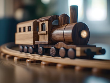 Wooden toy train on tracks, home interior, bokeh background, child's play photo
