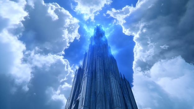 Architectural majesty building ascending into cloudy blue sky photo