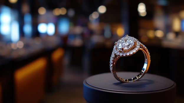 Diamond ring display, jewelry store, bokeh background, luxury retail photo