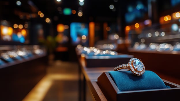 Diamond ring display jewelry store, bokeh background, luxury retail photo