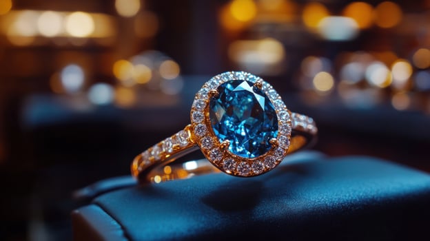 Blue gemstone ring displayed in jewelry store photo