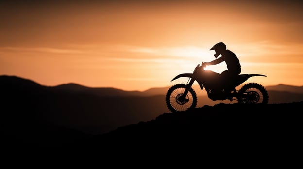 Sunset Motocross Rider Silhouette, Mountain Peak photo