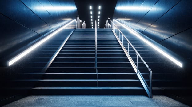Ascending NeonLit Subway Stairs photo
