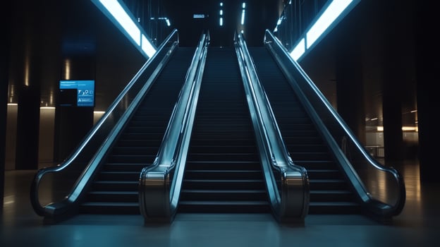 Futuristic escalators ascend in a modern building lit hallway background photo