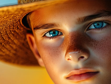 Freckled boy, straw hat, sunset, field, portrait photo