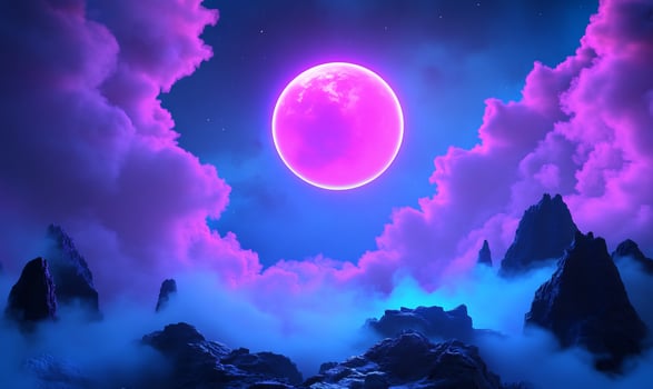 Fantasy landscape with moon fog and rock formations photo