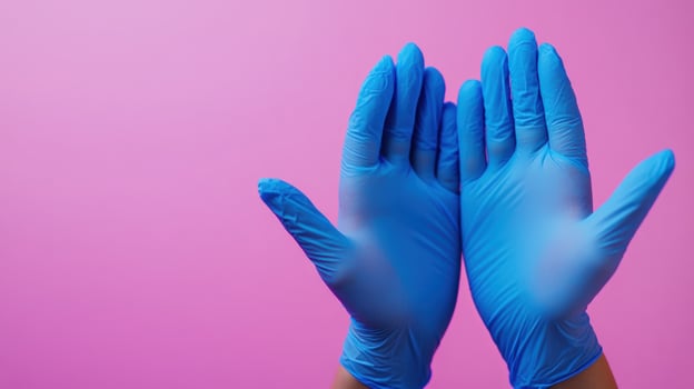 Blue gloves hands pink background hygiene protection photo