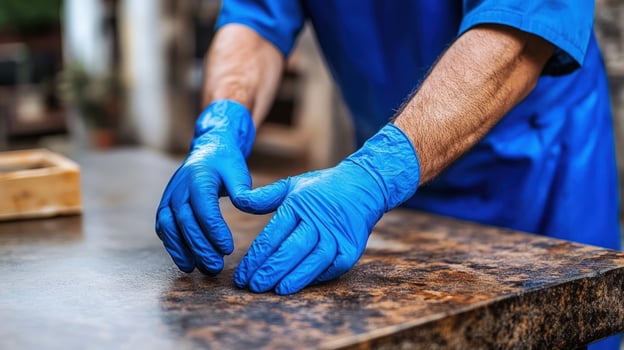 Craftsman cleans workshop surface photo