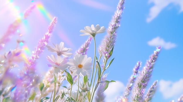 Wildflower meadow under a bright blue sky with rainbow hues photo