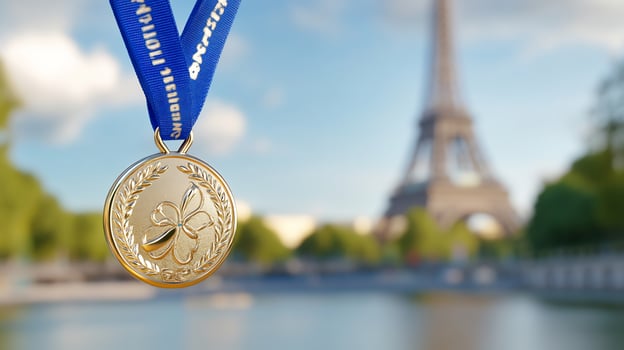 Gold medal with iconic tower symbolizing success and achievement photo