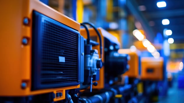 Orange factory machinery, industrial production line, blurred background, energy photo