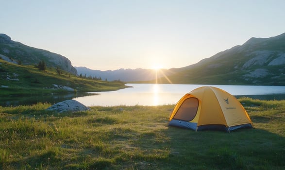 Camping tent at sunrise by mountain lake adventure and nature landscape photo
