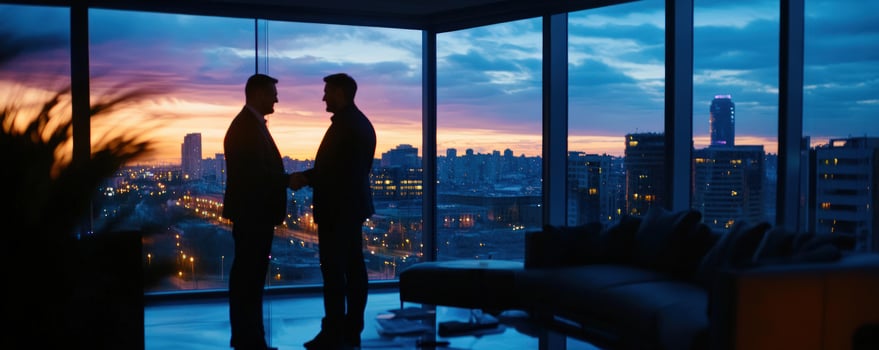 Sunset Cityscape Deal Men Shake Hands photo