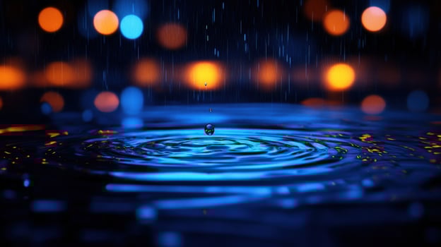 Night rain drop impact, blue water ripples, city bokeh photo