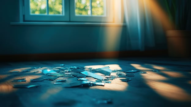 Shattered glass on floor, sunlit room, broken window, home accident, insurance claim photo