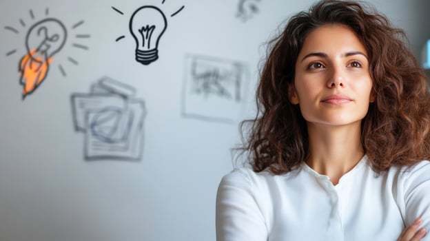 Woman brainstorming ideas, office wall, creative thinking, startup photo