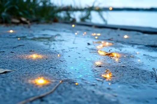 Reflective wet concrete surface with bright light spots close up photo