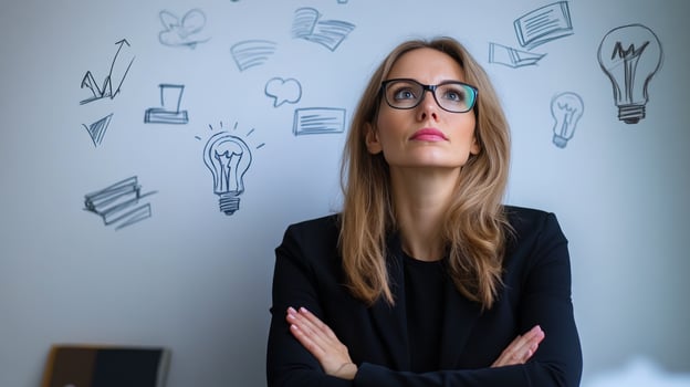 Woman brainstorming ideas office wall photo