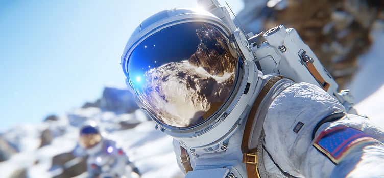 Astronaut on rocky terrain exploring outer space in white spacesuit photo