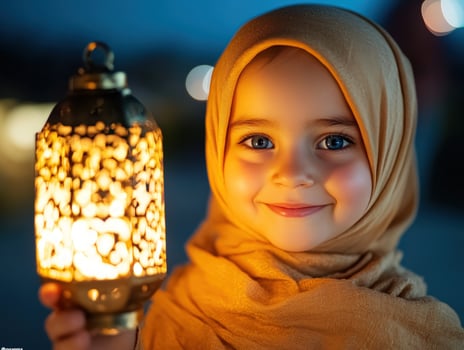 Girl, lantern, night, city, smiling, Ramadan, celebration, portrait photo