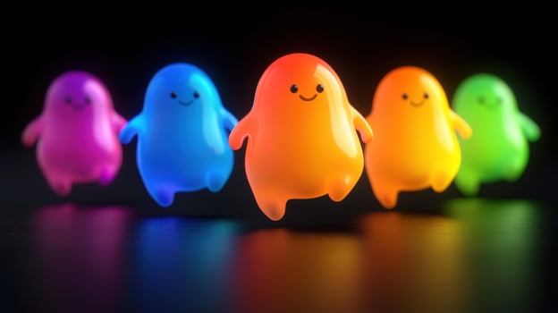 Rainbow characters walk, dark background, team unity, website design photo